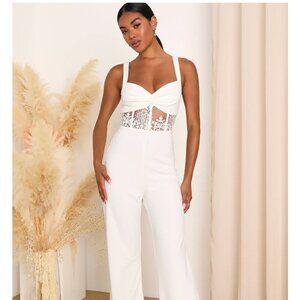 Lulu's Adore the Feeling White Sheer Lace Bustier Twist-Front Jumpsuit